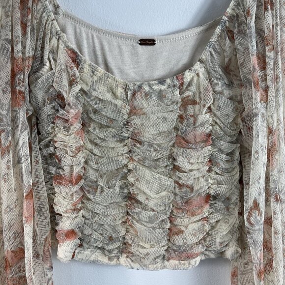 Free People Lilia Ruched Cropped Top Size S Ivory Floral Boho Coachella Party - Picture 5 of 14